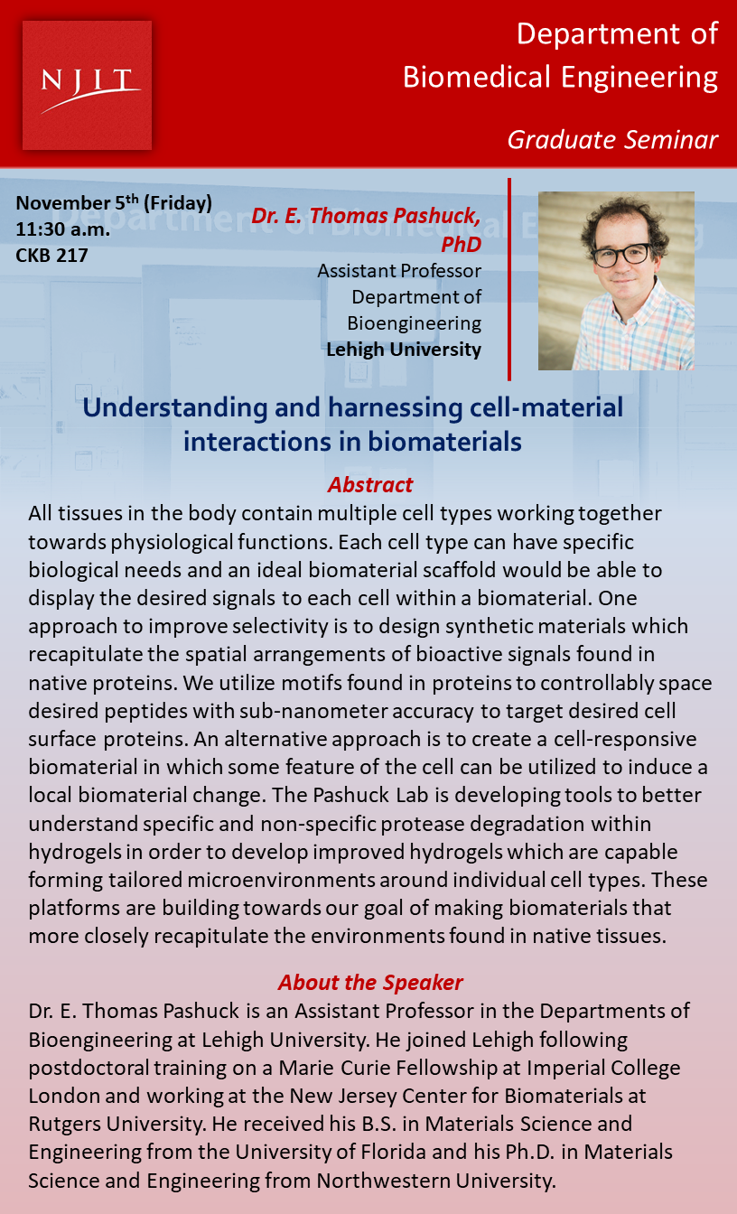 BME Graduate Seminar: Understanding and harnessing cell material interactions in biomaterials