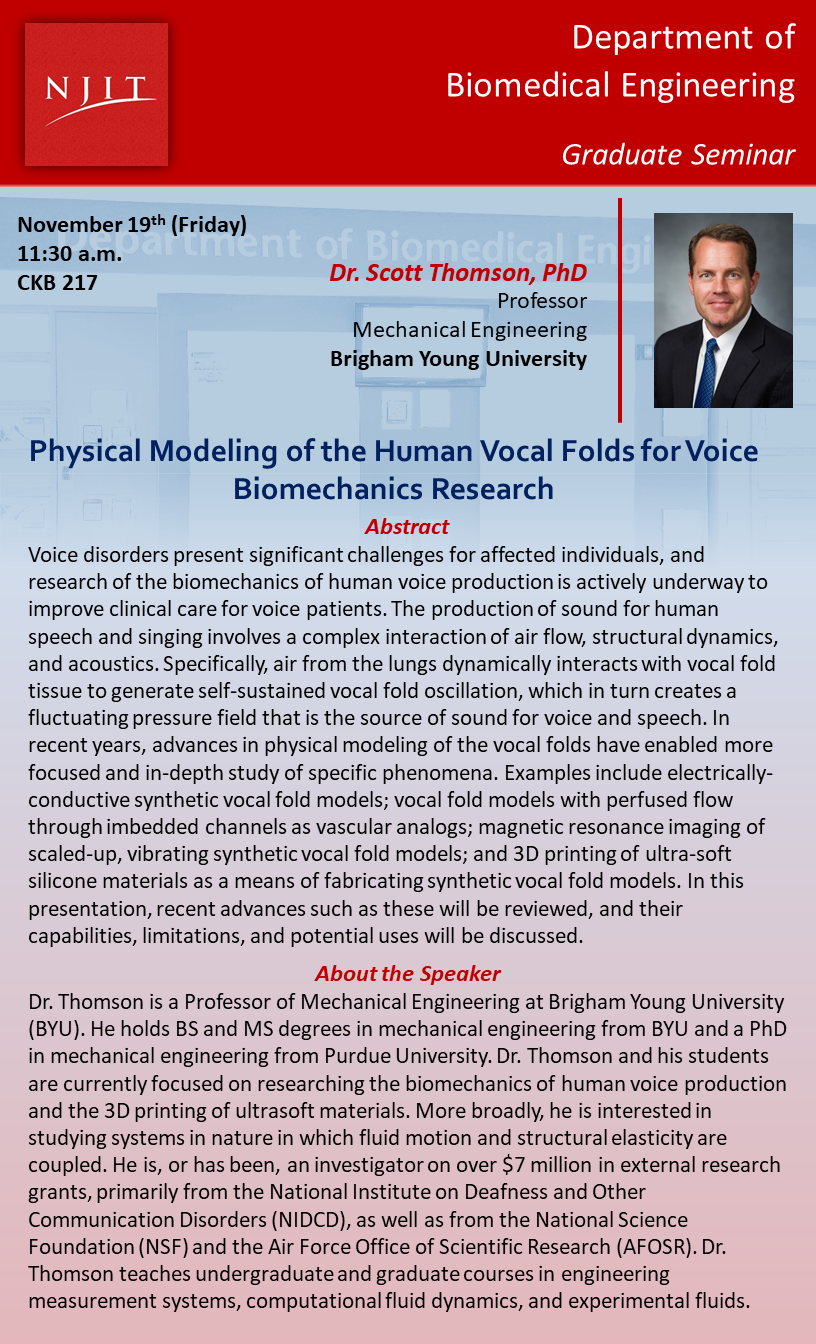 BME Graduate Seminar: Physical Modeling of the Human Vocal Folds for Voice Biomechanics Research