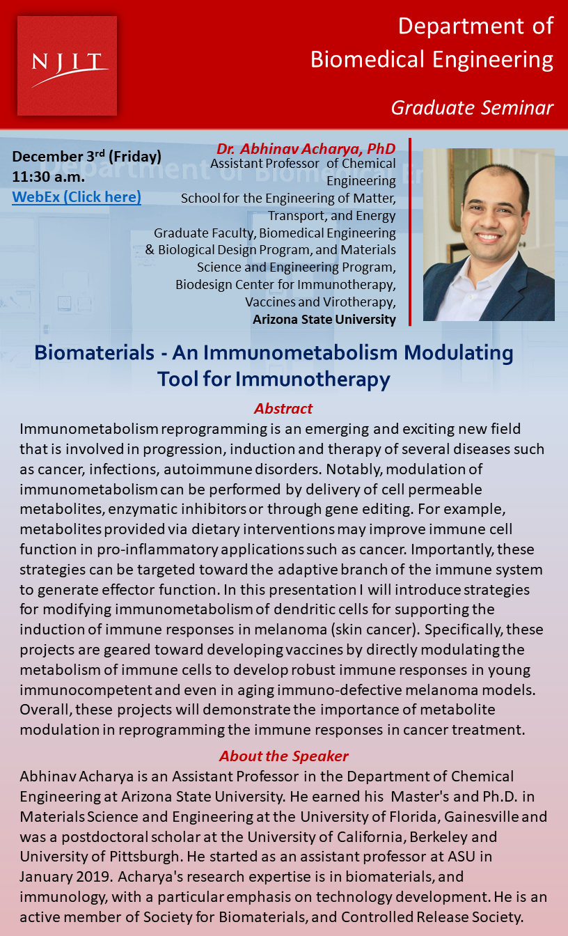 BME Graduate Seminar: Biomaterials - An Immunometabolism Modulating Tool for Immunotherapy