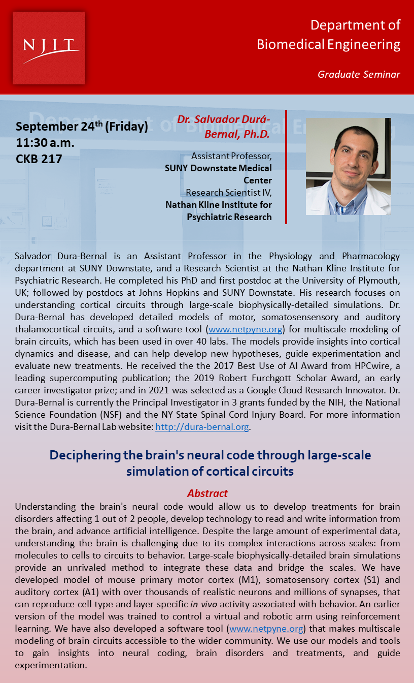 BME Graduate Seminar: Deciphering the brain's neural code through large-scale simulation of cortical circuits