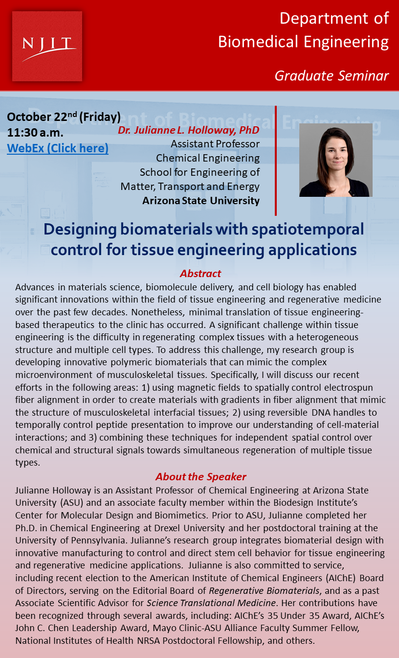 BME Graduate Seminar: Designing biomaterials with spatiotemporal control for tissue engineering applications